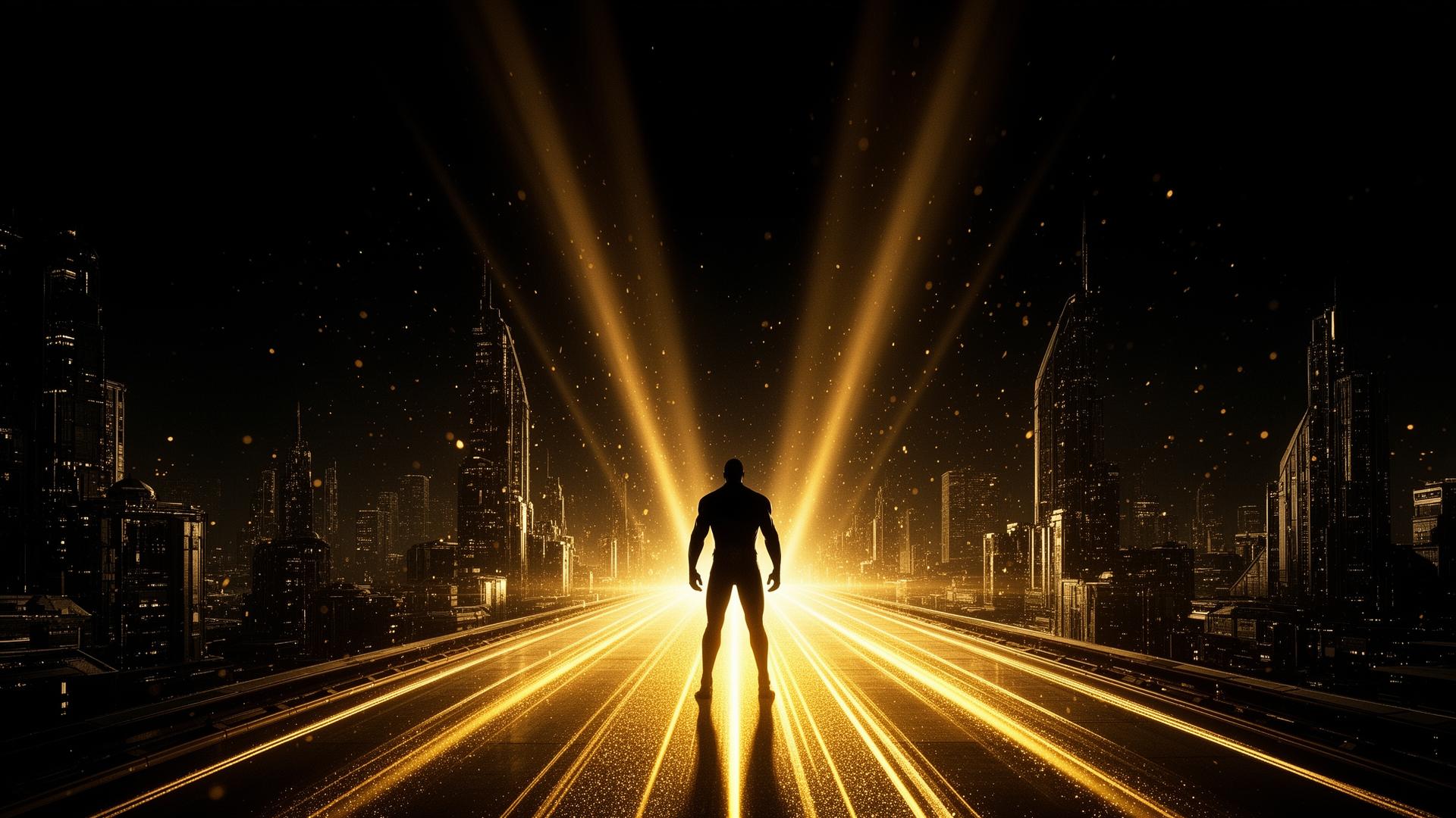 Cinematic gold-lit figure standing on a glowing road in a futuristic city
